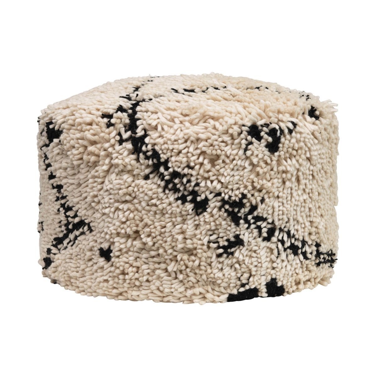 24" Round x 15"H Woven Wool Shag Pouf, Black & Cream Color — alternate view 2