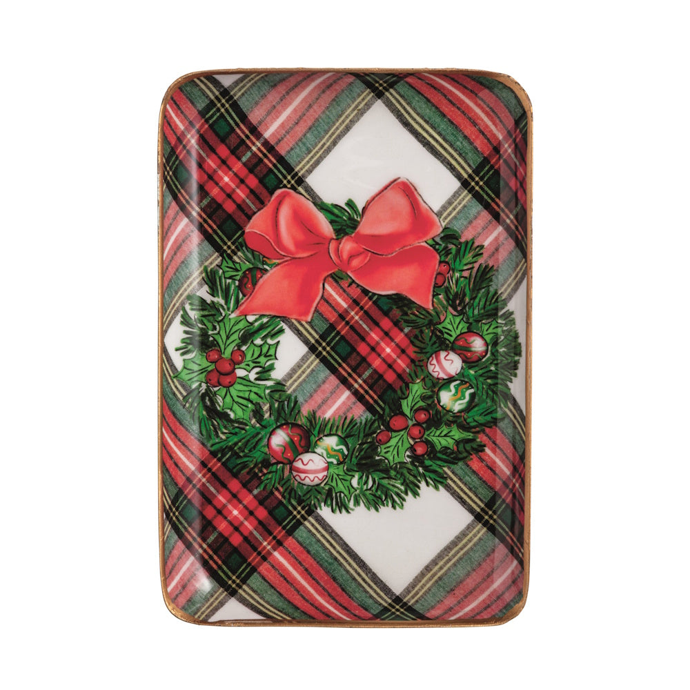Rectangular Christmas tray featuring an illustrated holiday wreath with a red bow against a tartan background.