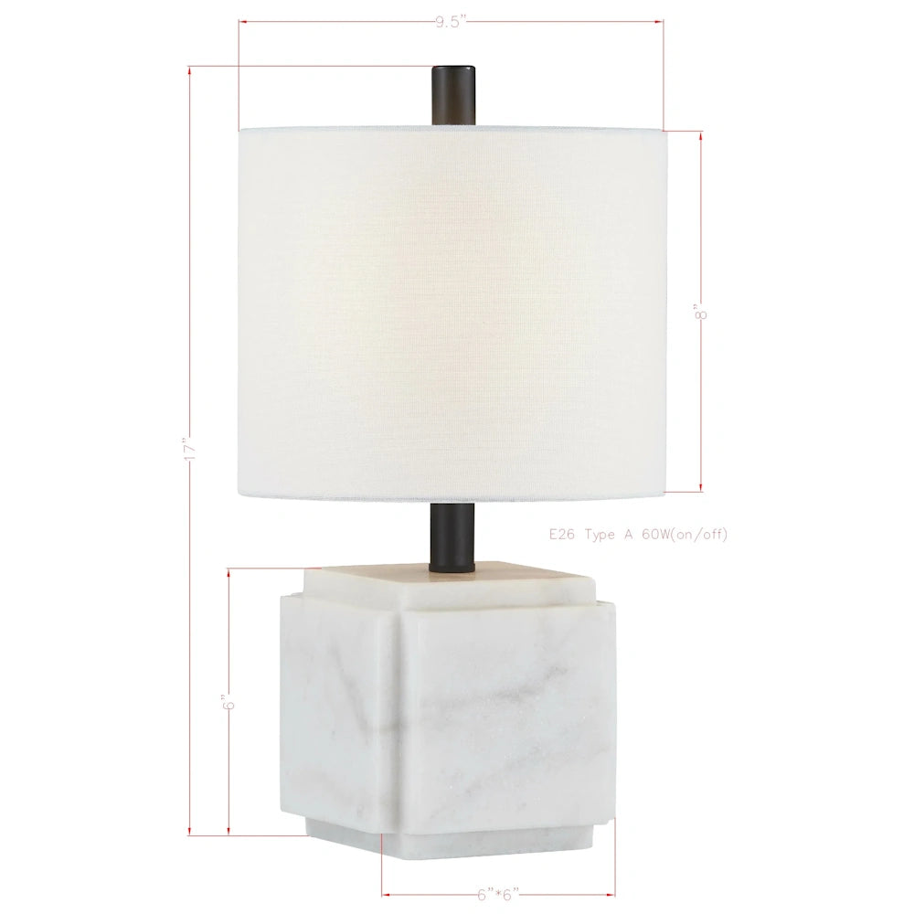 White marble table lamp dimensions with black metal stem, white drum shade and 17 inch height.