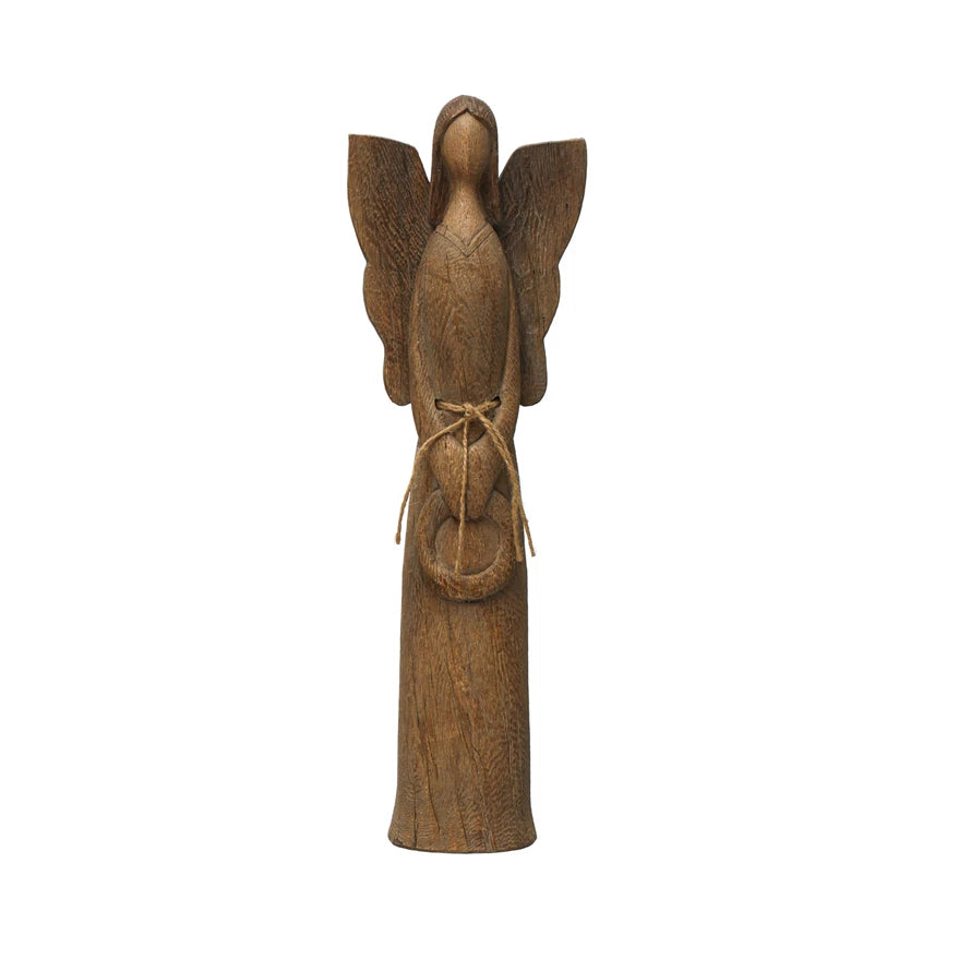 Resin Angel w/ Wreath, Wood Finish