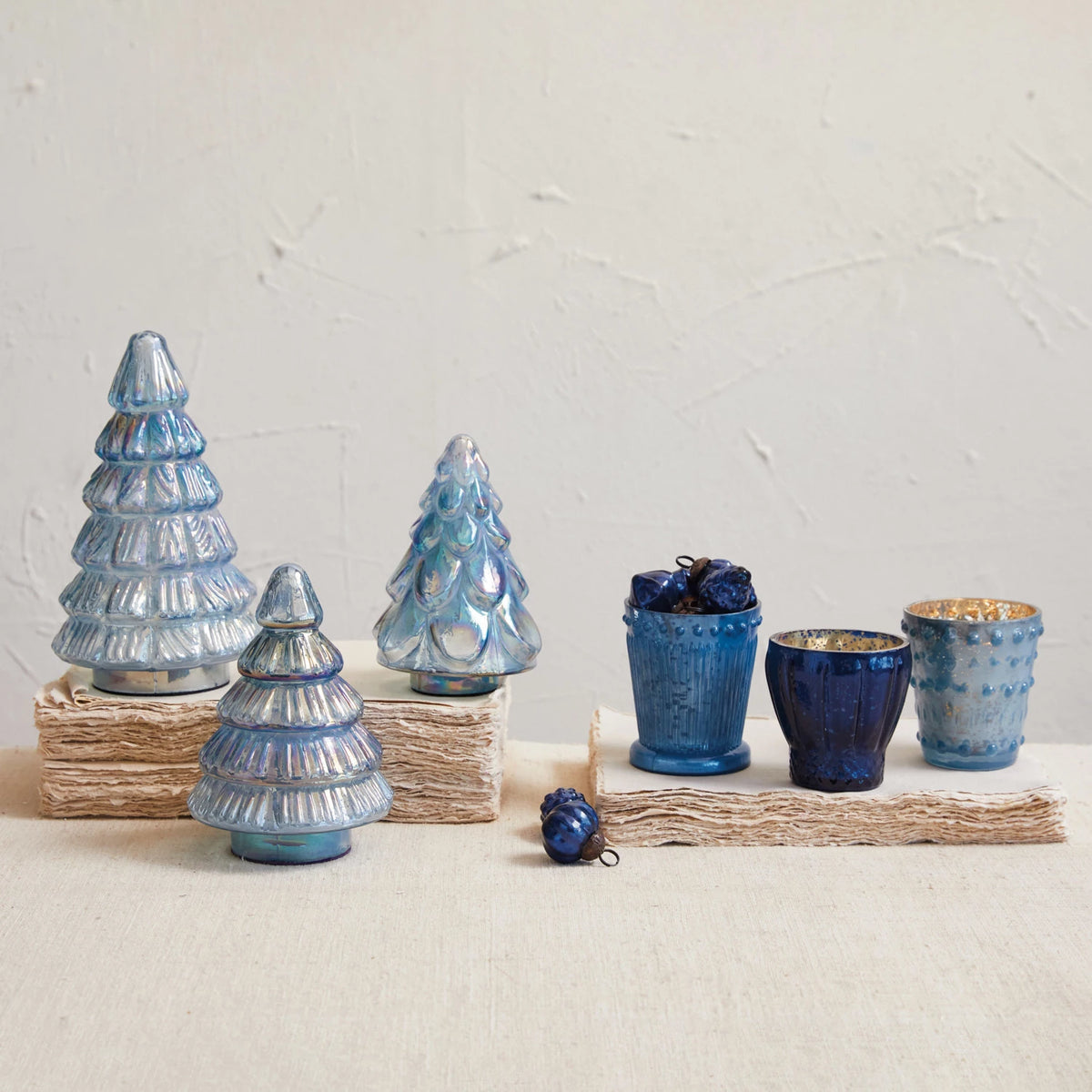 Embossed Recycled Glass Tree, Iridescent Blue