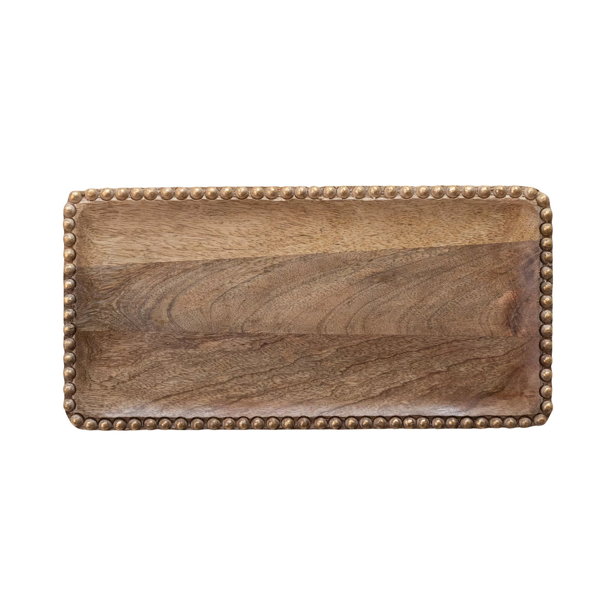 Carved Mango Wood Tray With Wood Beads, Natural & Gold Finish — alternate view 2