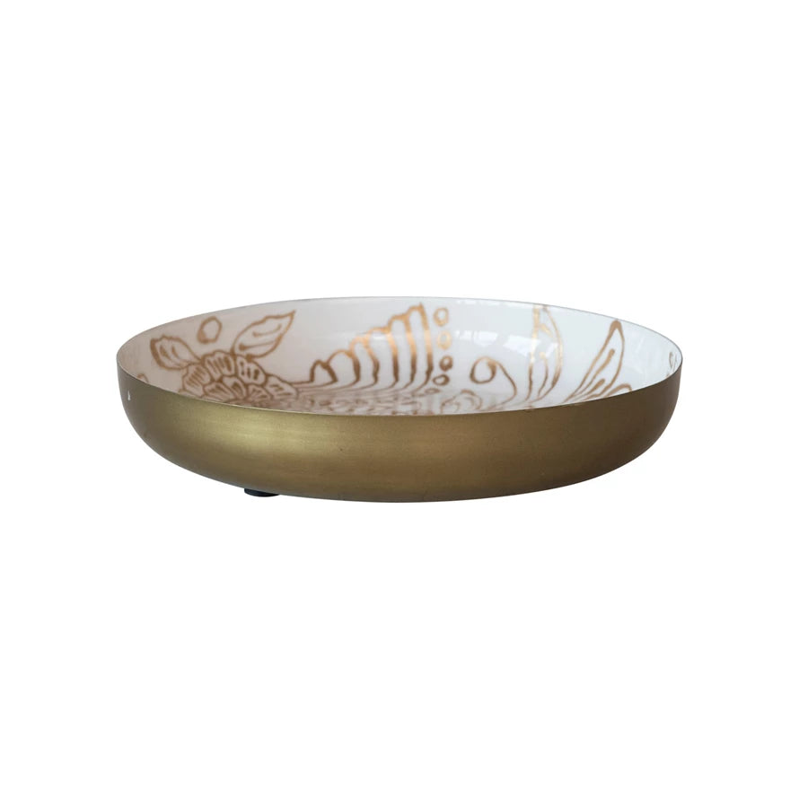 Enameled Metal Bowl With  Floral Design, White & Gold Finish — alternate view 3