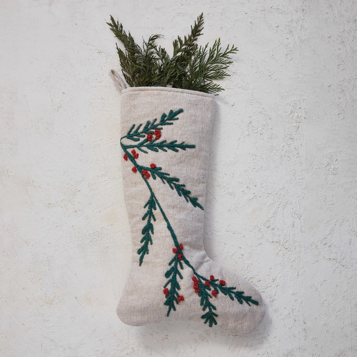 Embroidered Holly & Berries  Stocking