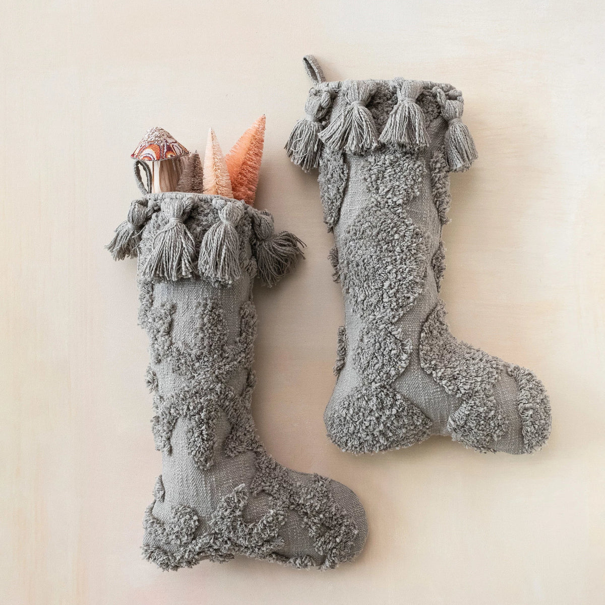 Cotton Slub Stocking With Tufting & Tassels, Grey