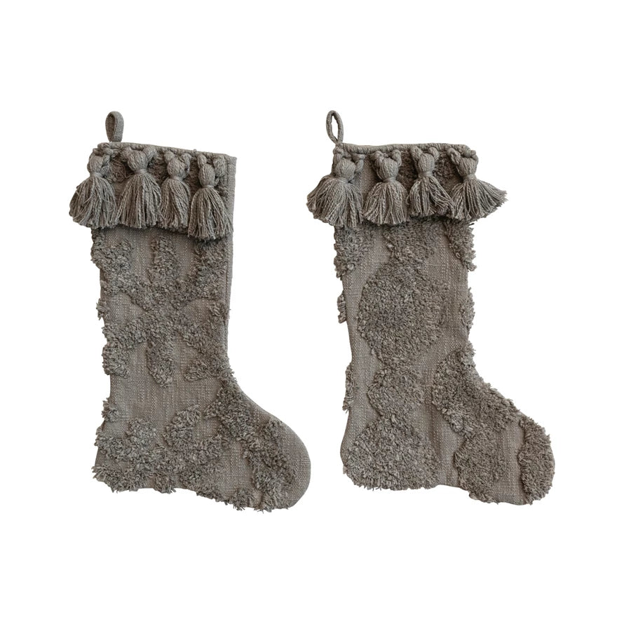 Cotton Slub Stocking With Tufting & Tassels, Grey — alternate view 6
