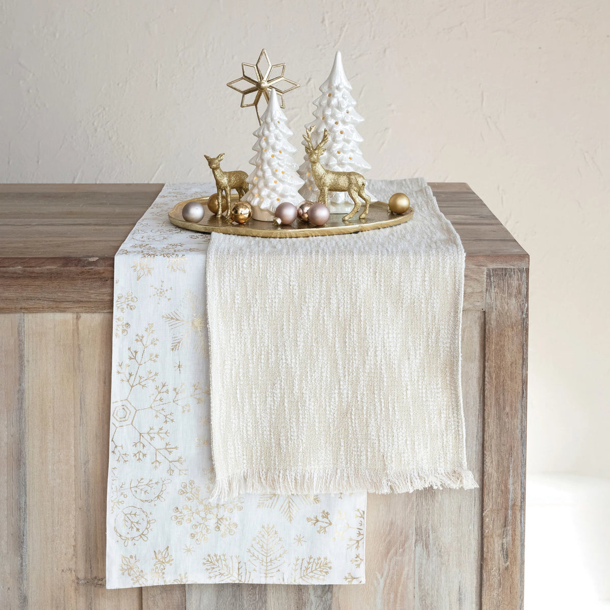 Woven Cotton Slub Table Runner With  Metallic Gold Thread & Fringe, Natural — alternate view 4