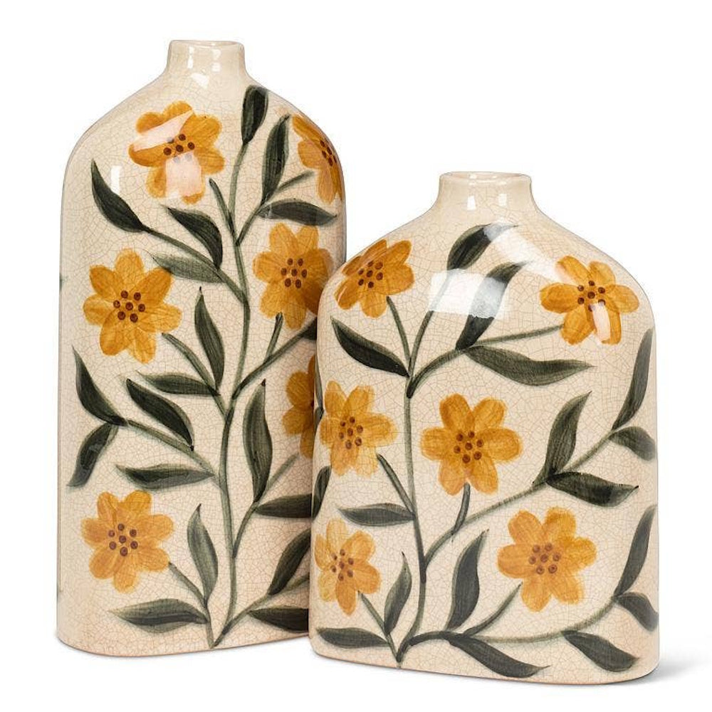 Two crackle-glazed ceramic vases with hand-painted yellow flowers and green leaves.