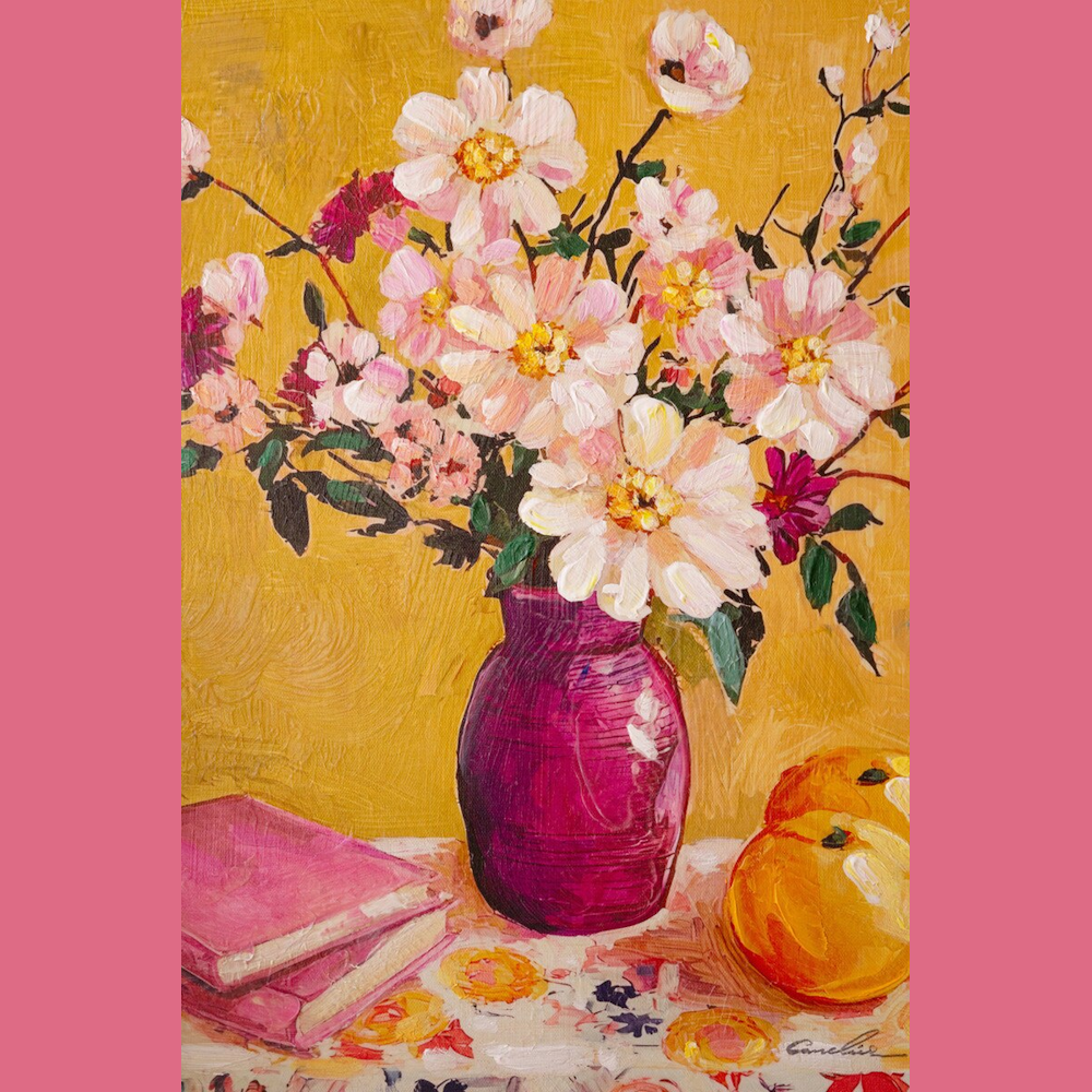 Impressionist still life painting of white and pink flowers in a purple vase with books and oranges on a yellow background.