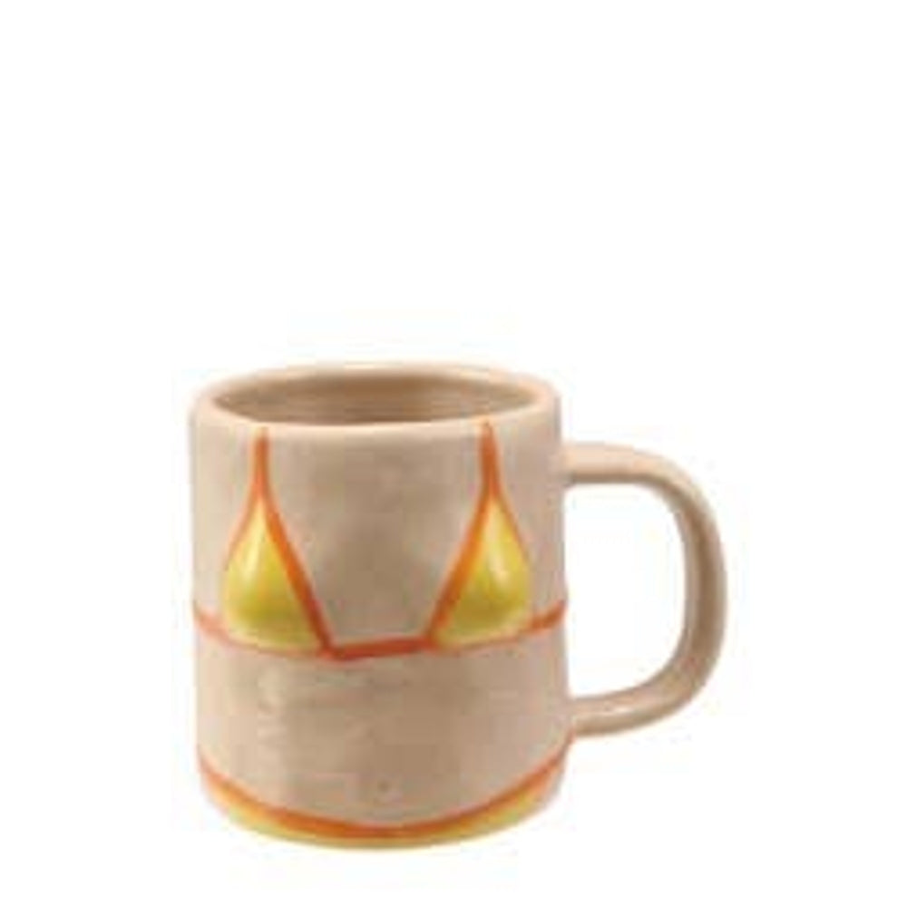 Hand-painted ceramic coffee mug featuring a yellow bikini design.