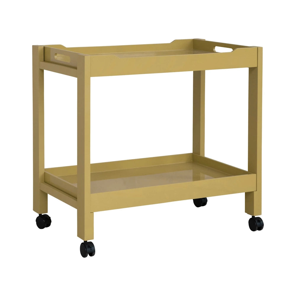 Yellow wooden kitchen utility cart with two shelves and casters for home organization.