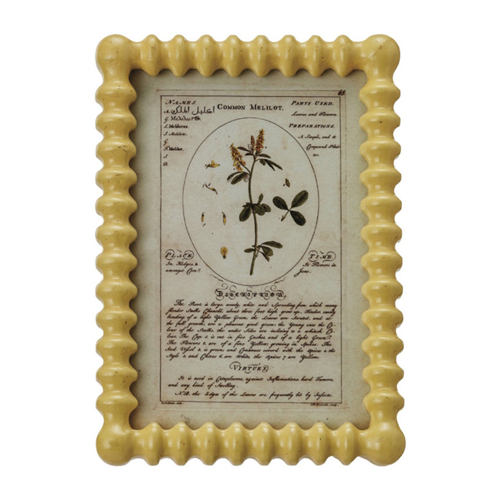 A yellow bobbin picture frame holding a vintage botanical print of a Common Melilot plant with handwritten text.