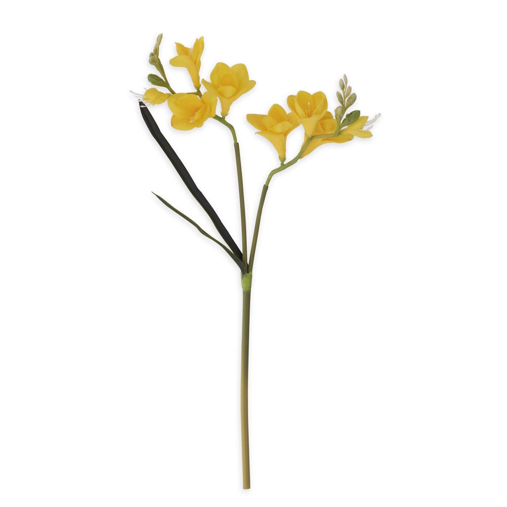 Yellow real-touch freesia silk flower stem with vibrant yellow blooms and green buds on a white background.