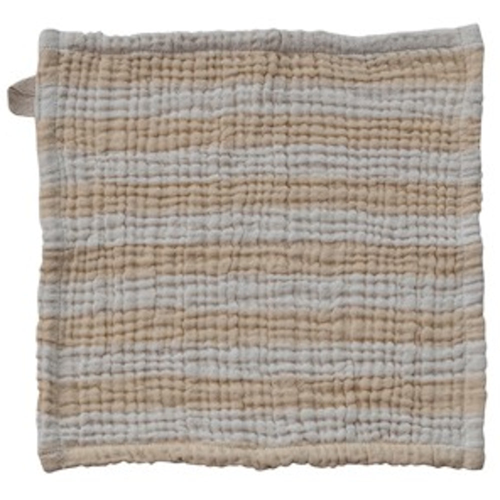 Square yellow and white striped dish cloth with a textured, puckered weave and a small hanging loop.