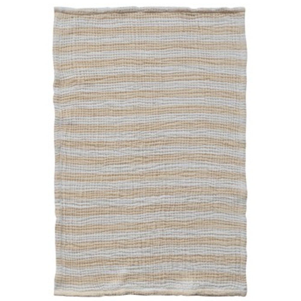 Rectangular tea towel with horizontal yellow and white stripes. The fabric has a textured, crinkled double-cloth weave.