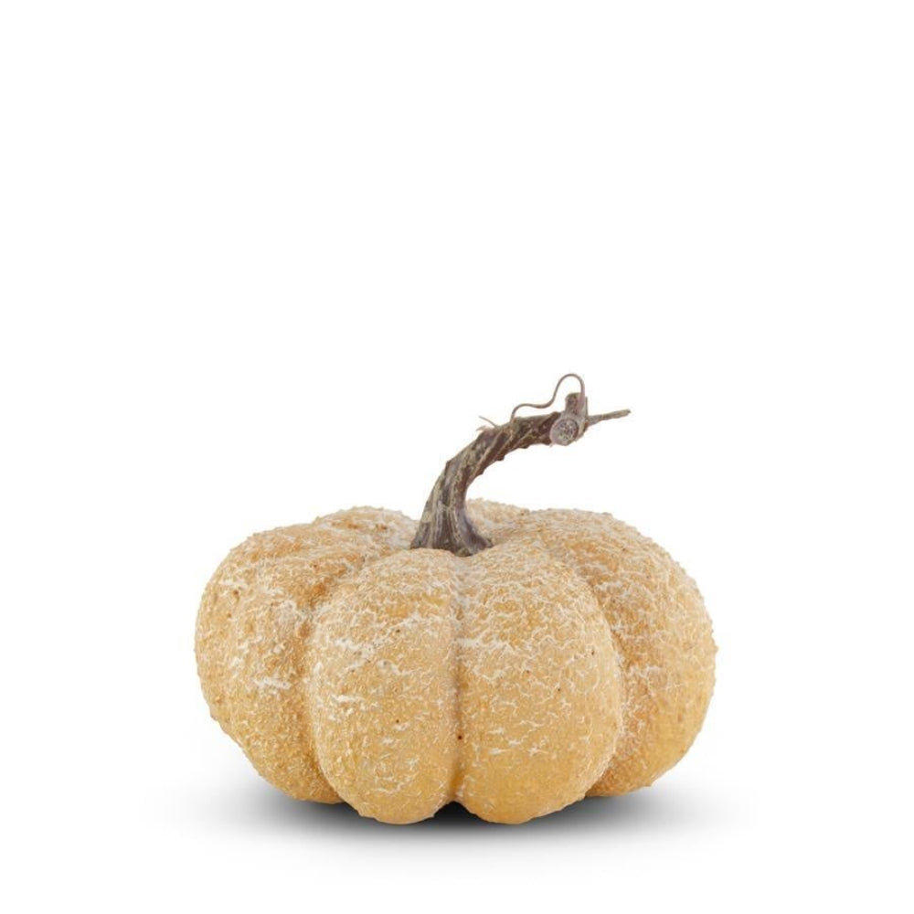 Textured yellow decorative pumpkin with a whitewashed finish and a twisted brown stem.