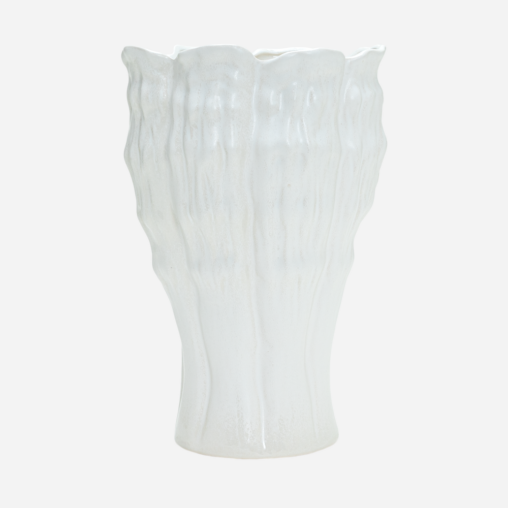 Textured white ceramic vase with organic wavy ridges and scalloped rim, modern minimalist home decor.