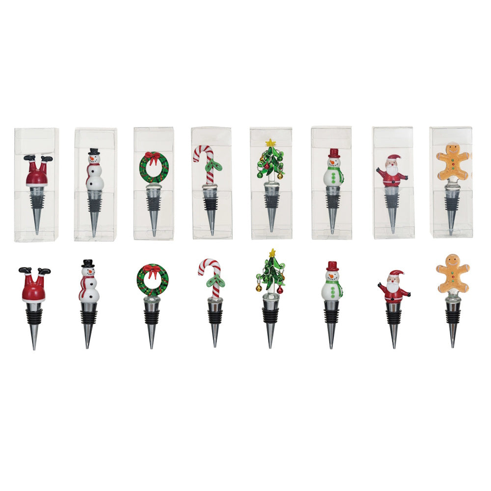 A set of eight Christmas-themed bottle stoppers with festive designs, shown with and without clear packaging boxes.