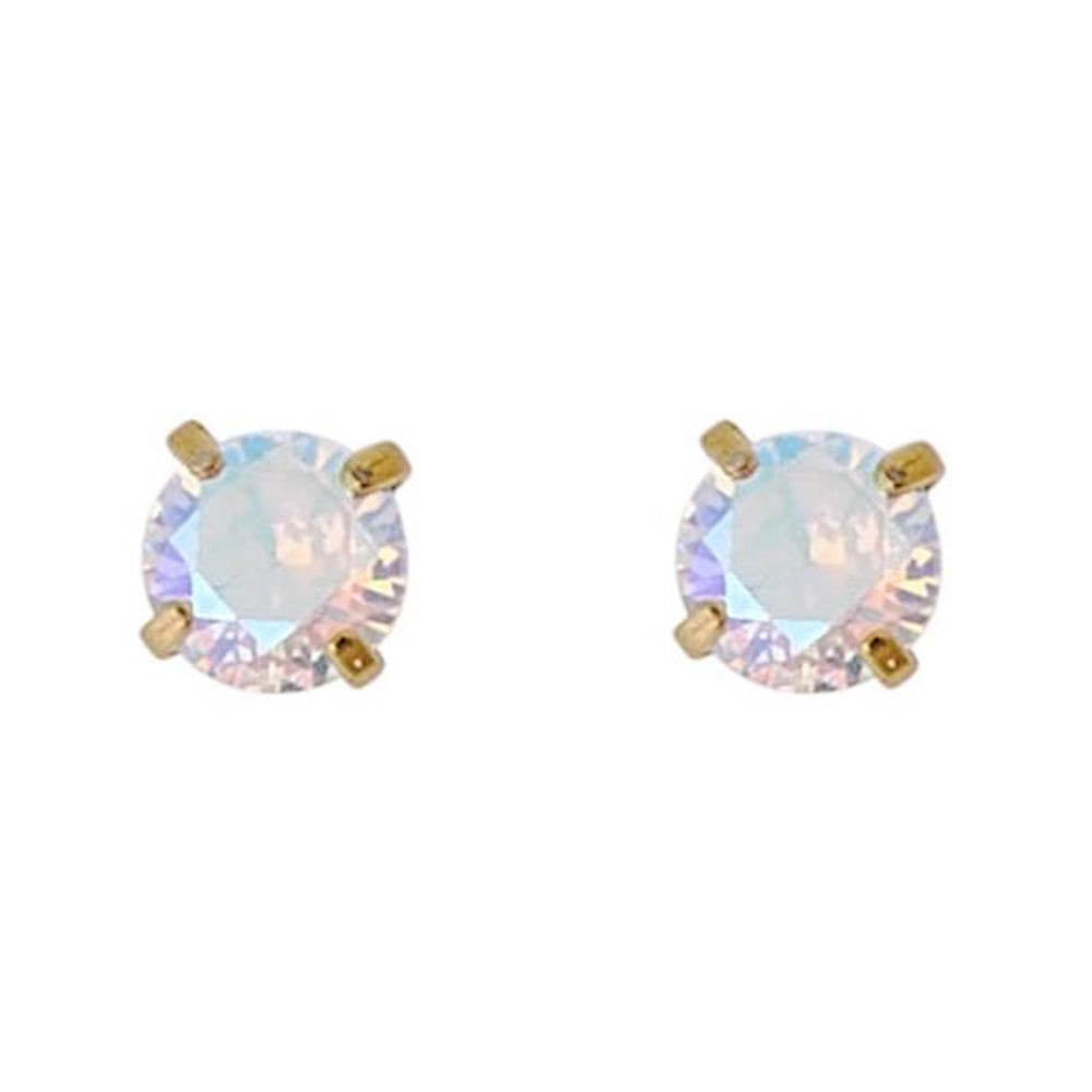 Pair of round iridescent crystal stud earrings in gold prong settings on a white background.