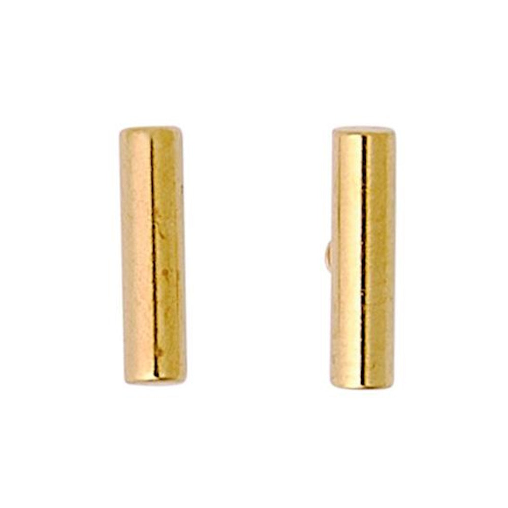 A pair of minimalist gold bar stud earrings displayed against a plain white background.