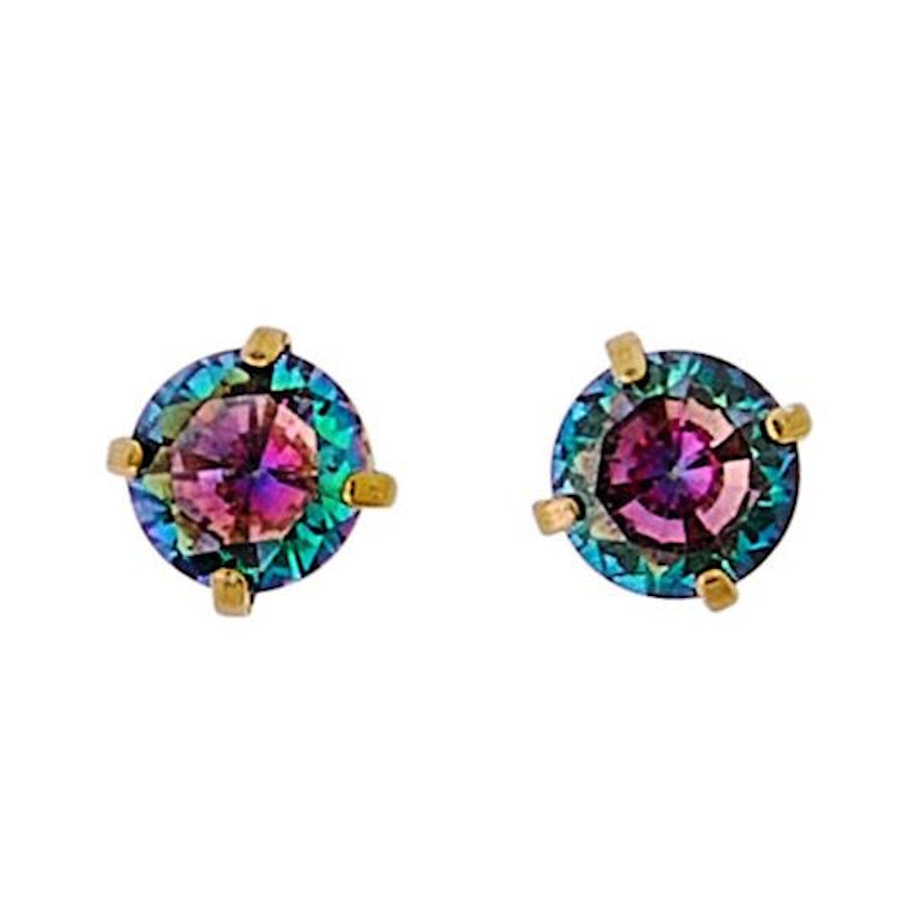 Pair of round, iridescent mystic topaz stud earrings set in four-prong gold settings on a white background.