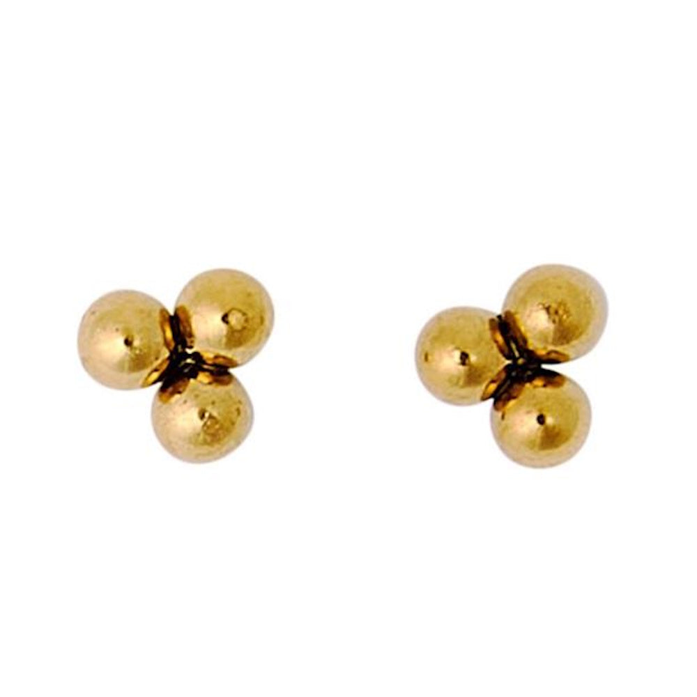 Pair of gold stud earrings composed of three clustered small polished spheres in a triad formation.