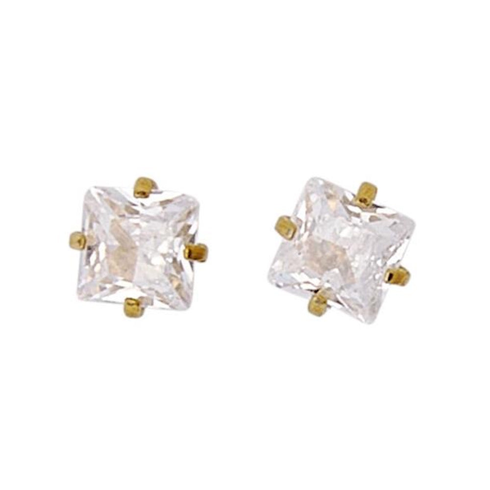 Pair of square, princess-cut clear crystal stud earrings set in four-prong gold mounts.