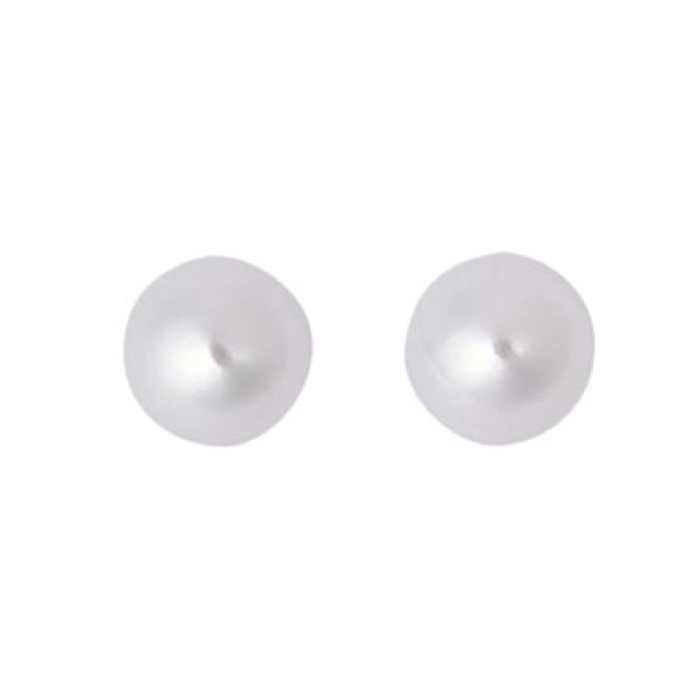 A pair of round white pearl stud earrings set against a plain white background.