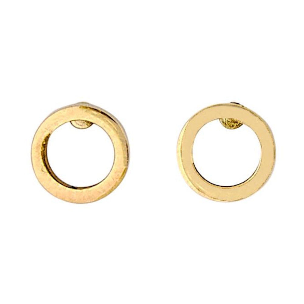 Pair of minimal, open-circle gold stud earrings displayed against a plain white background.