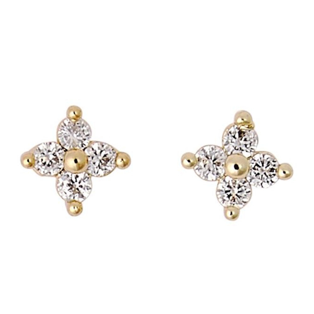 Pair of gold floral stud earrings featuring four round diamonds set around a central gold bead.