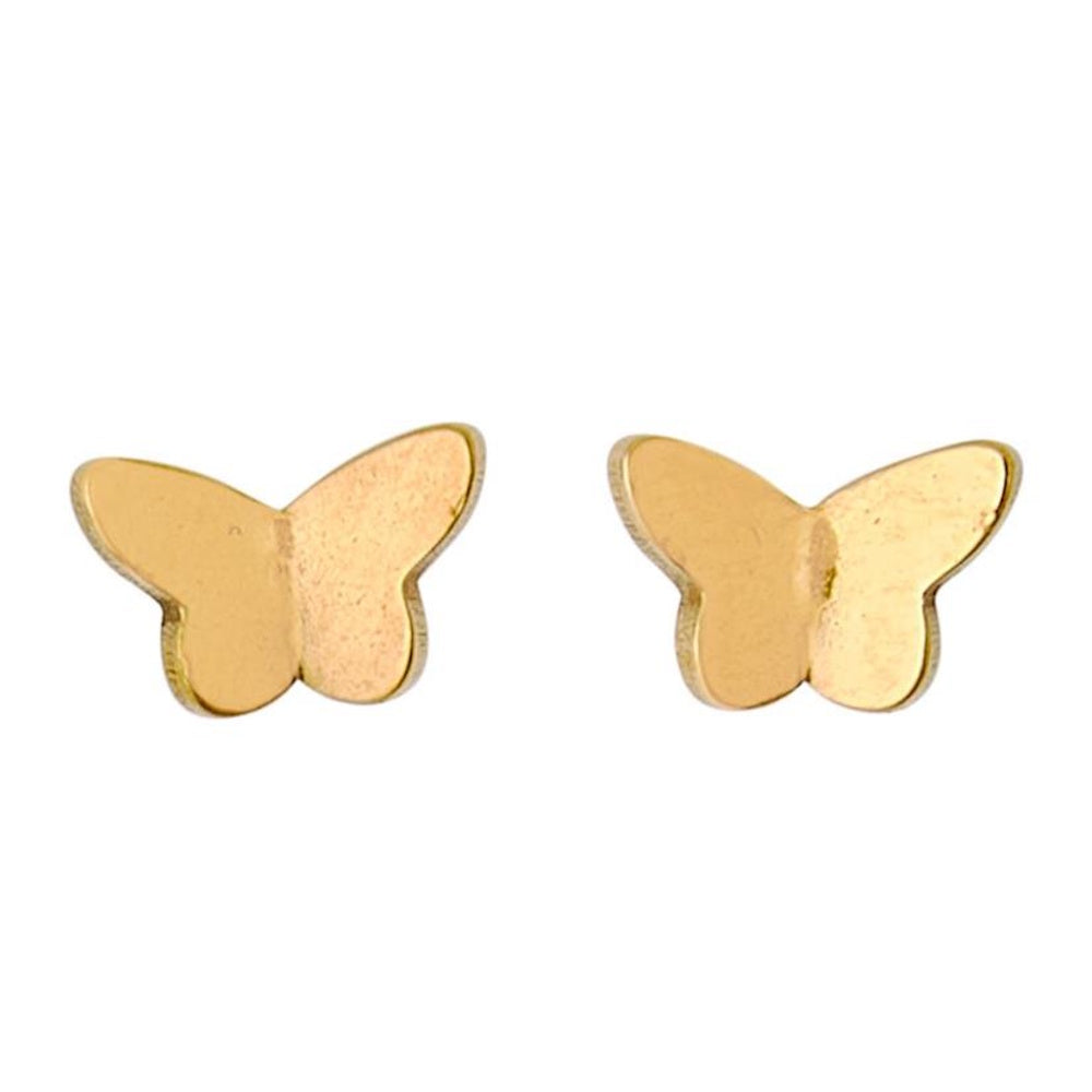 Pair of small, simple gold butterfly stud earrings against a plain white background.
