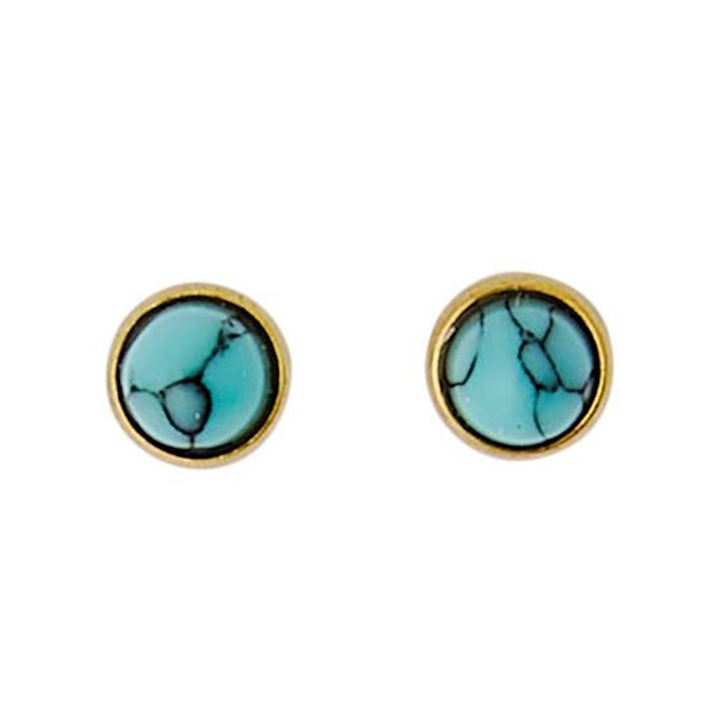 Pair of round turquoise stone stud earrings set in thin gold bezels on a plain white background.