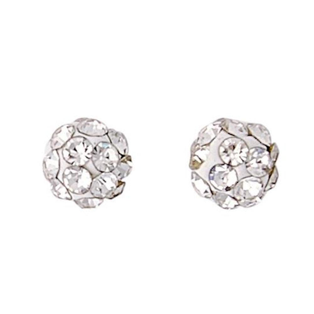 Pair of round, silver disco ball stud earrings encrusted with small clear sparkling crystals.