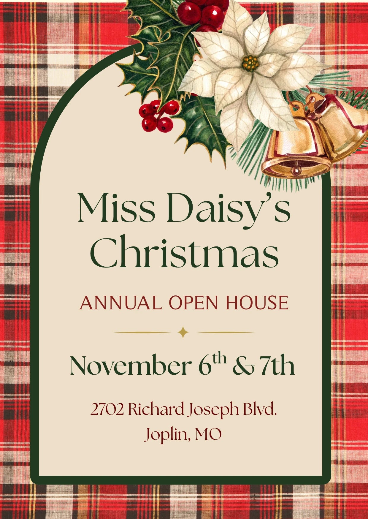 Christmas Open House invitation, November 6 and 7 at Miss Daisy’s in Joplin