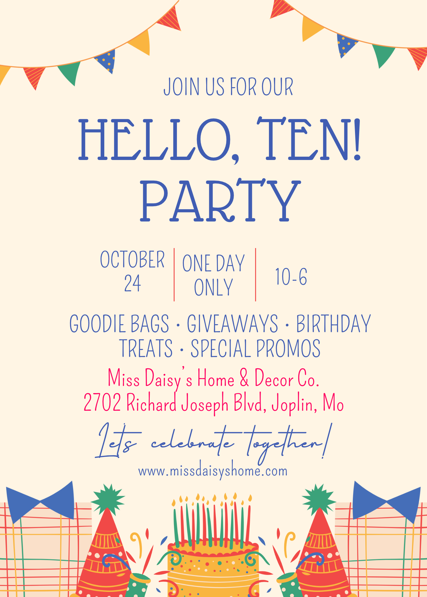 Hello, Ten! Party invitation, October 24 at Miss Daisy’s in Joplin