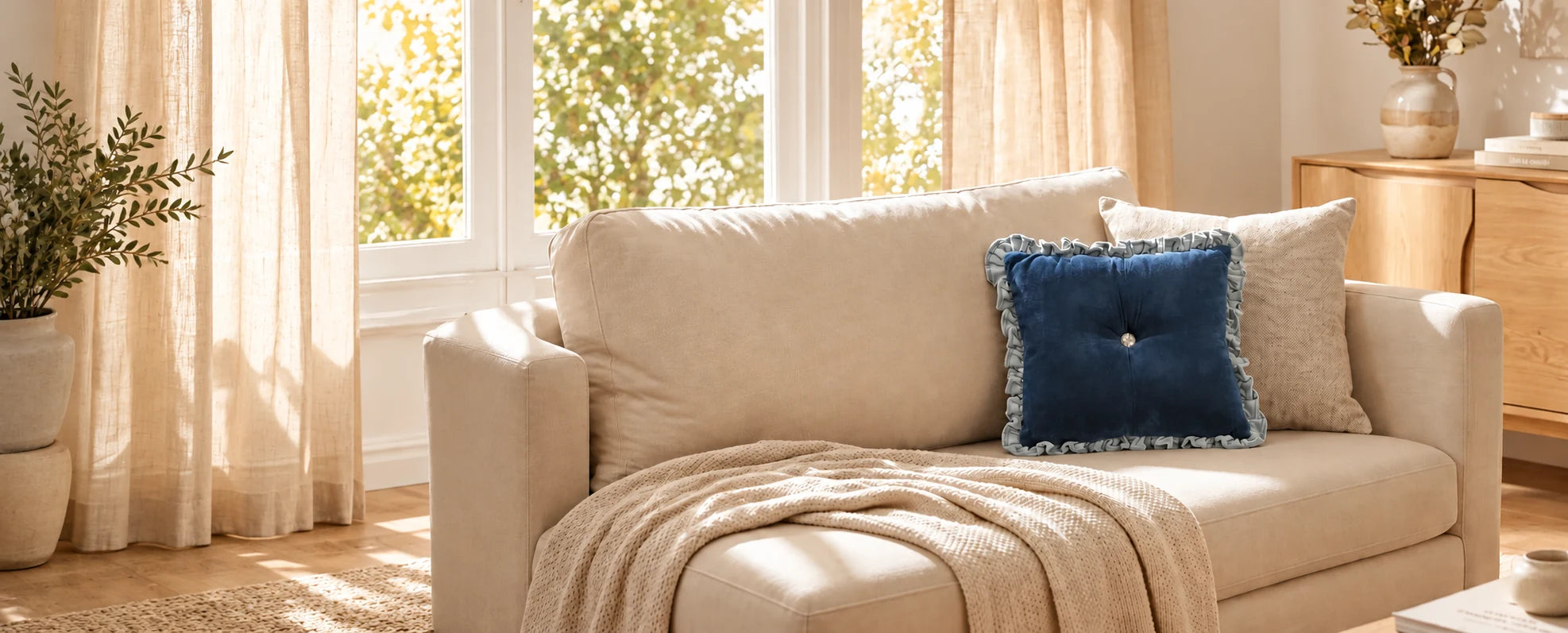 Blue velvet throw pillow styled on a beige sofa in a modern living room setting.